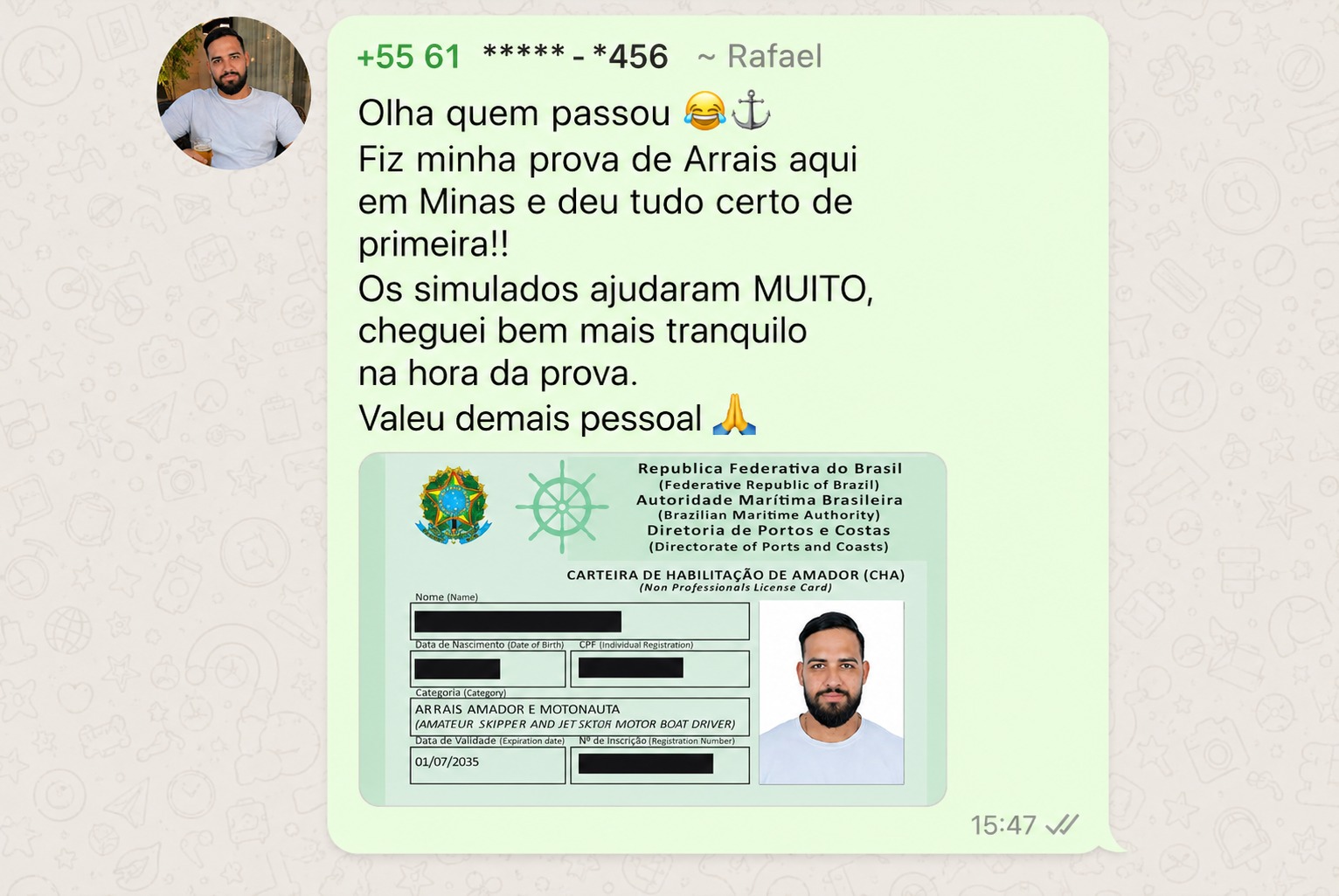 Depoimento Rafael aprovado na prova de Arrais Amador